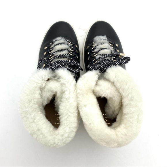 JOIE Handan Shearling High-Top Fur Cuff Leather Platform Sneakers in Black Sz 5 - Picture 7 of 10